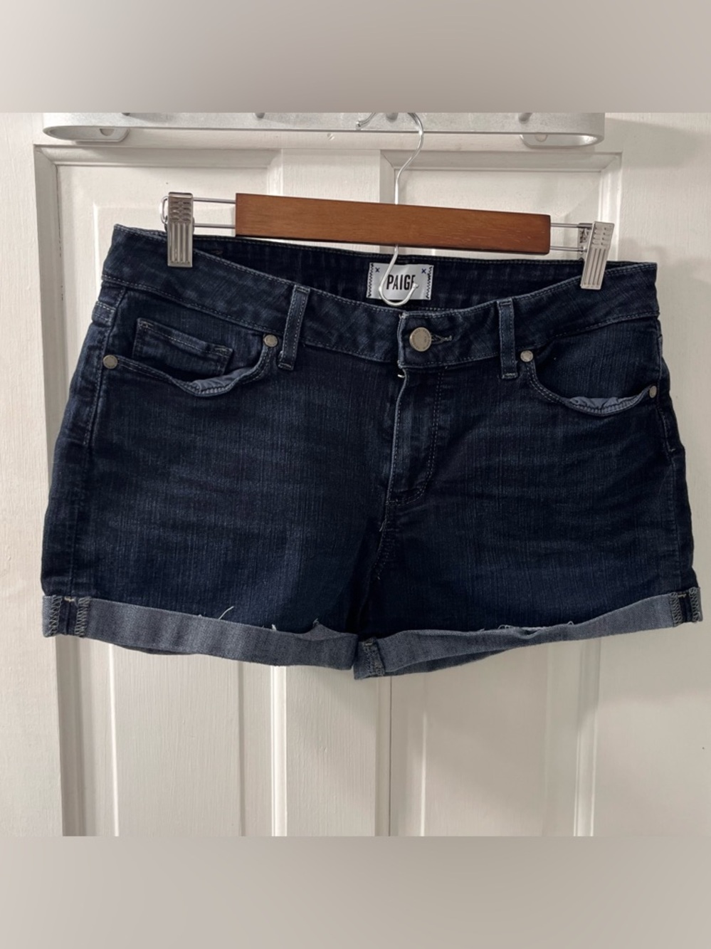 PAIGE Jimmy Jimmy Mid Rise Dark Washed Denim Shorts. Size 29